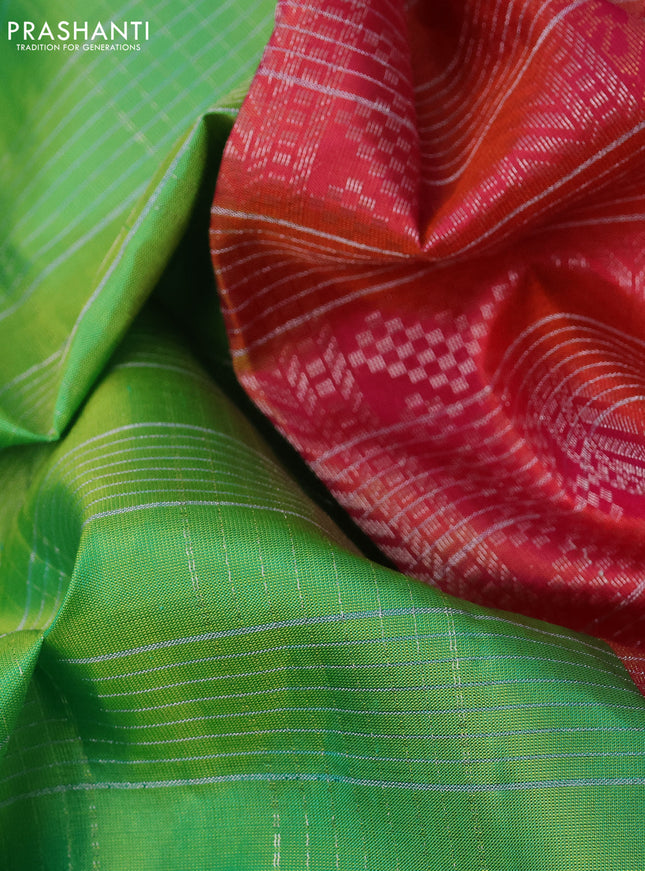 Pure soft silk saree dual shade of green and dual shade of pink with allover silver zari checked pattern and zari woven butta border