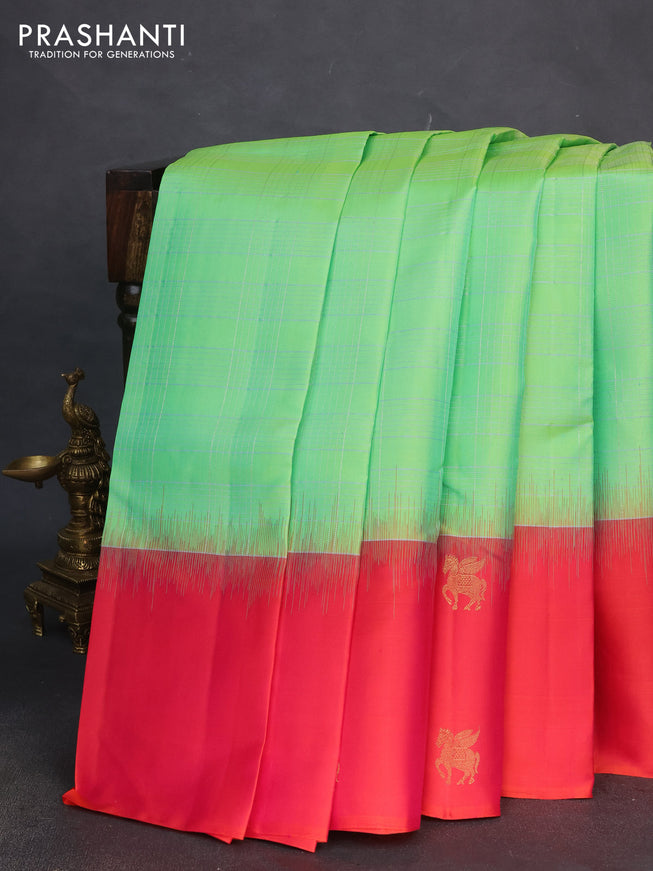 Pure soft silk saree fluorescent green and dual shade of pink with allover silver zari checked pattern and zari woven butta border