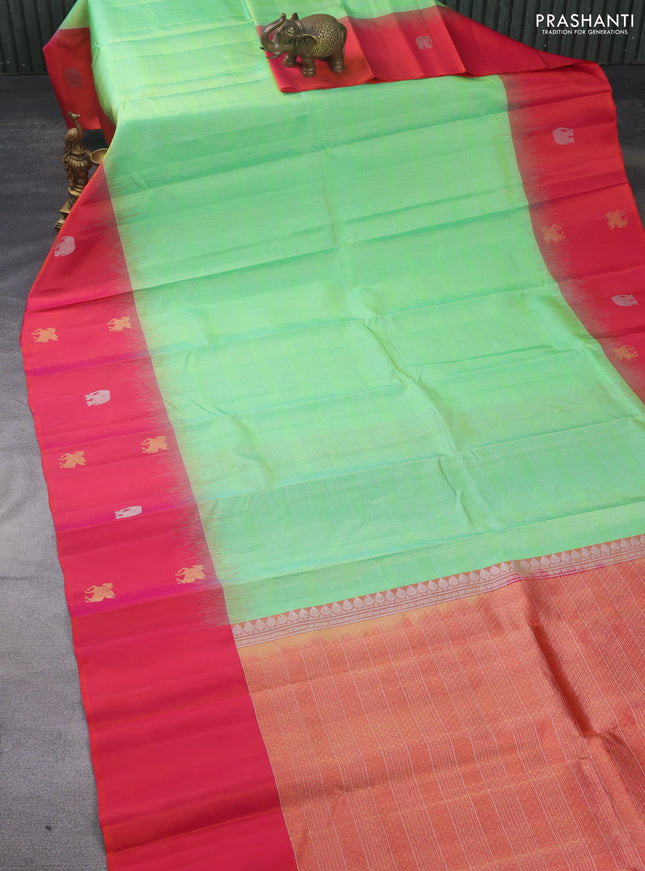 Pure soft silk saree fluorescent green and dual shade of pink with allover silver zari checked pattern and zari woven butta border