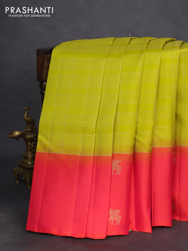Pure soft silk saree lime green and dual shade of pink with allover silver zari checked pattern and zari woven butta border
