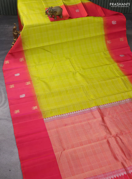 Pure soft silk saree lime green and dual shade of pink with allover silver zari checked pattern and zari woven butta border