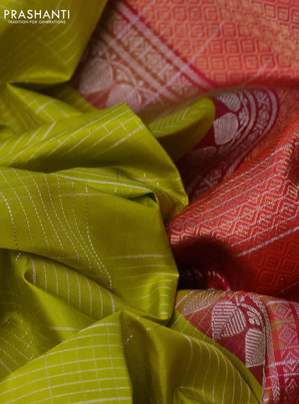 Pure soft silk saree lime green and dual shade of pink with allover silver zari checked pattern and zari woven butta border