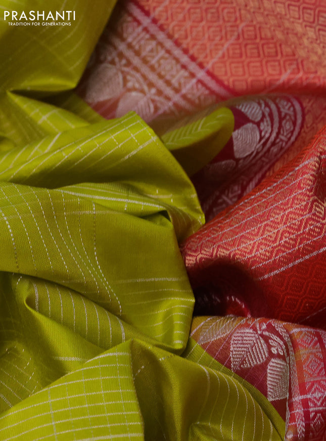 Pure soft silk saree lime green and dual shade of pink with allover silver zari checked pattern and zari woven butta border