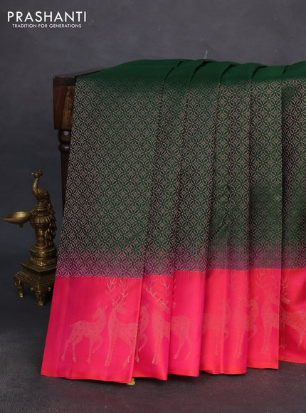 Pure soft silk saree green and dual shade of pinkish orange with allover zari woven brocade weaves and zari woven butta border