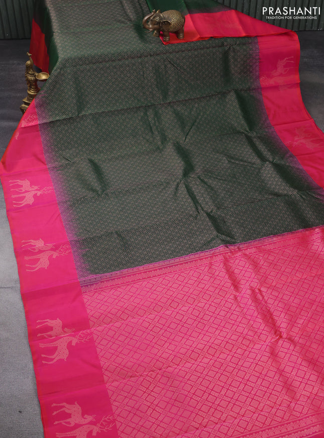 Pure soft silk saree green and dual shade of pinkish orange with allover zari woven brocade weaves and zari woven butta border