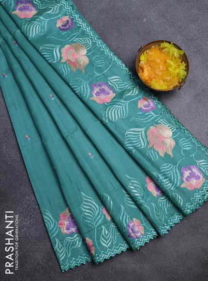 Semi raw silk saree teal blue with embroidery work buttas and floral design embroidery work border