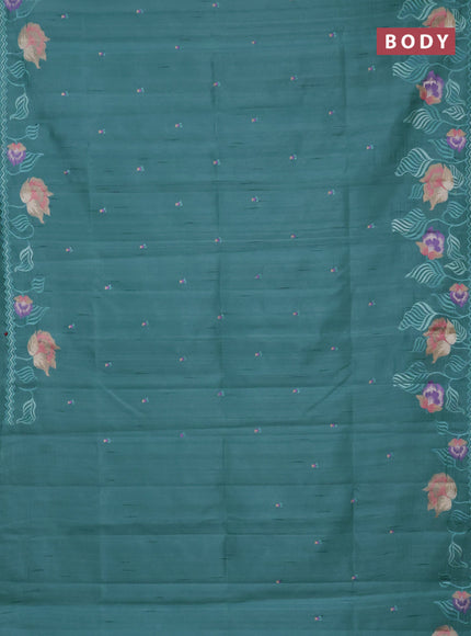 Semi raw silk saree teal blue with embroidery work buttas and floral design embroidery work border