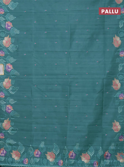 Semi raw silk saree teal blue with embroidery work buttas and floral design embroidery work border