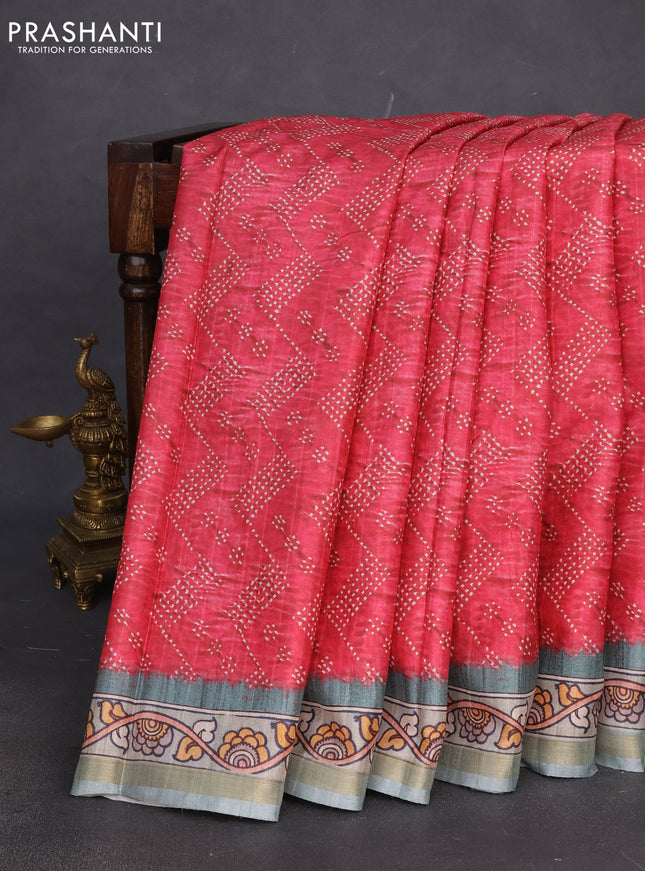 Semi tussar saree reddish pink shade and pastel green with allover prints and kalamkari pallu & zari border