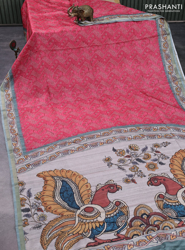 Semi tussar saree reddish pink shade and pastel green with allover prints and kalamkari pallu & zari border