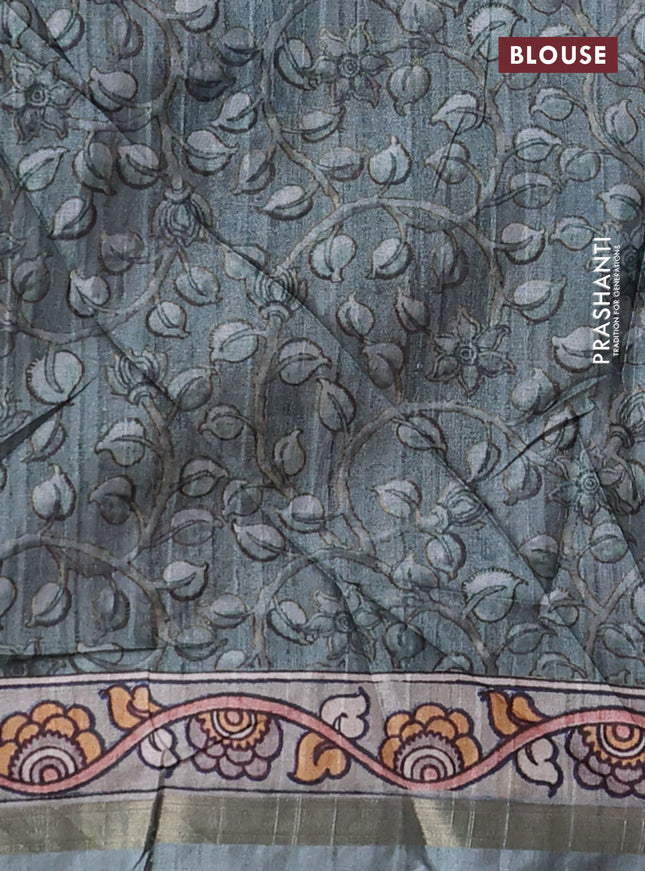 Semi tussar saree reddish pink shade and pastel green with allover prints and kalamkari pallu & zari border