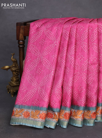 Semi tussar saree pink and pastel green shade with allover bandhani prints and kalamkari pallu & zari border