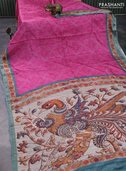 Semi tussar saree pink and pastel green shade with allover bandhani prints and kalamkari pallu & zari border