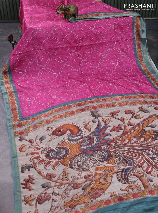 Semi tussar saree pink and pastel green shade with allover bandhani prints and kalamkari pallu & zari border