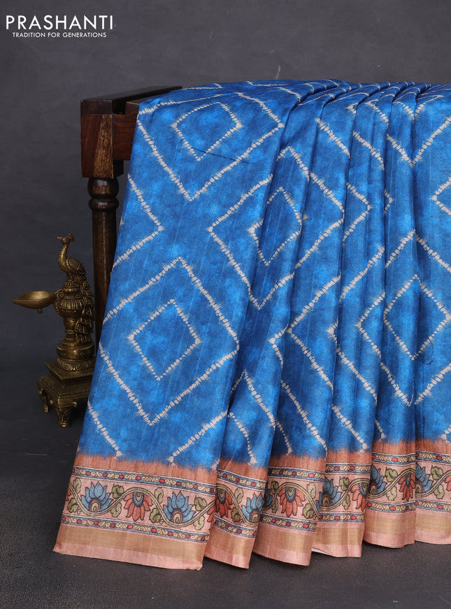 Semi tussar saree cs blue and pastel brown with allover shibori prints and kalamkari pallu & zari border