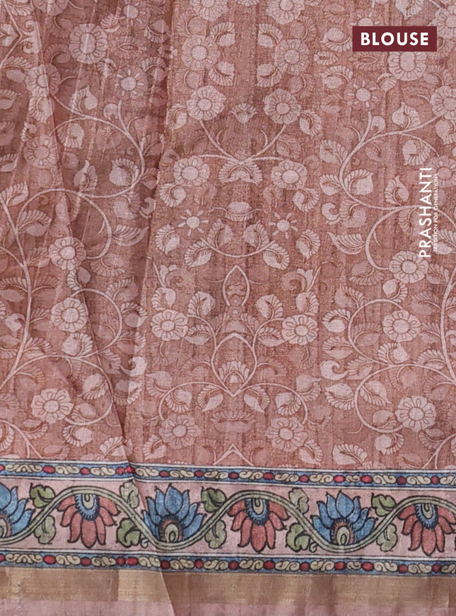 Semi tussar saree cs blue and pastel brown with allover shibori prints and kalamkari pallu & zari border