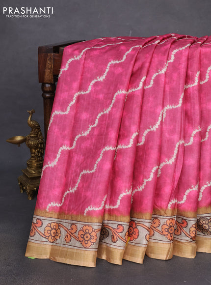 Semi tussar saree pink and sandal with allover shibori prints and kalamkari pallu & zari border