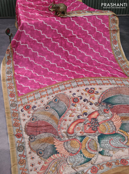 Semi tussar saree pink and sandal with allover shibori prints and kalamkari pallu & zari border