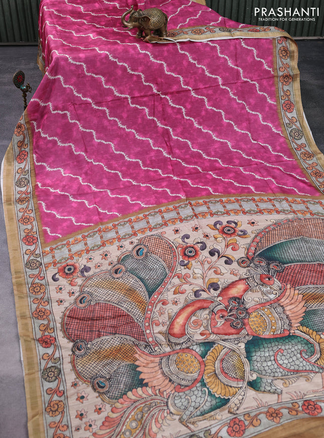 Semi tussar saree pink and sandal with allover shibori prints and kalamkari pallu & zari border