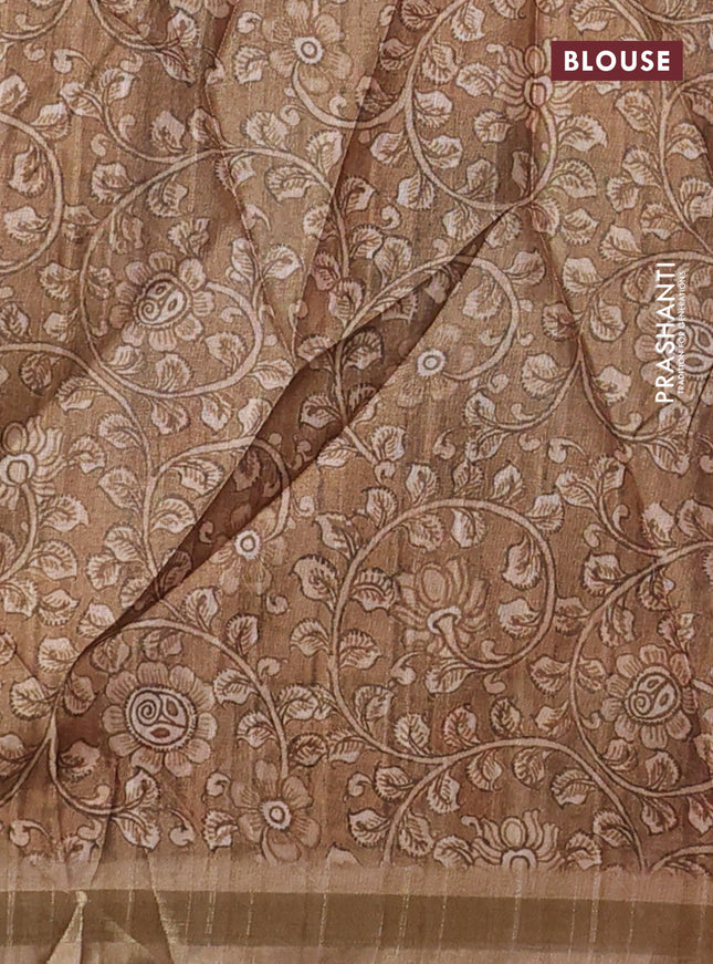 Semi tussar saree pink and sandal with allover shibori prints and kalamkari pallu & zari border