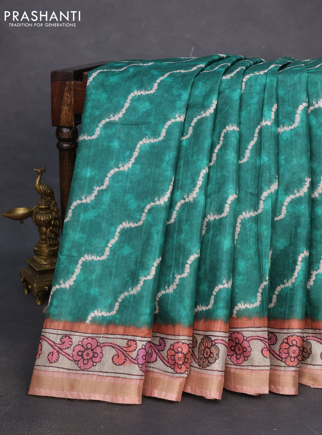 Semi tussar saree green and rust shade with allover shibori prints and kalamkari pallu & zari border