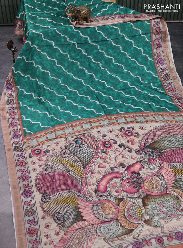 Semi tussar saree green and rust shade with allover shibori prints and kalamkari pallu & zari border