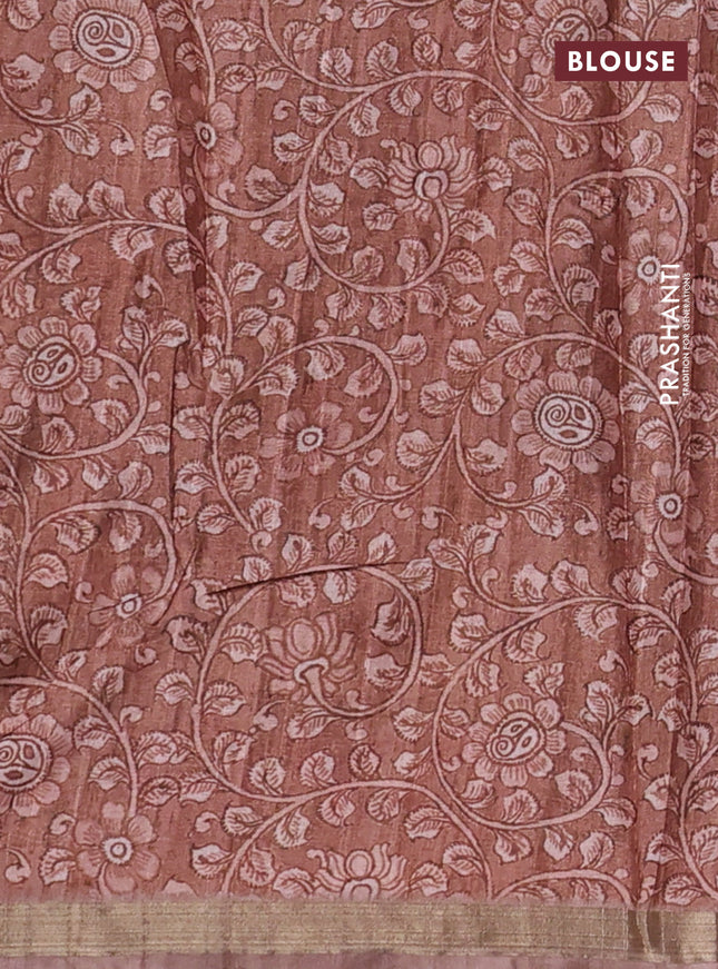 Semi tussar saree green and rust shade with allover shibori prints and kalamkari pallu & zari border