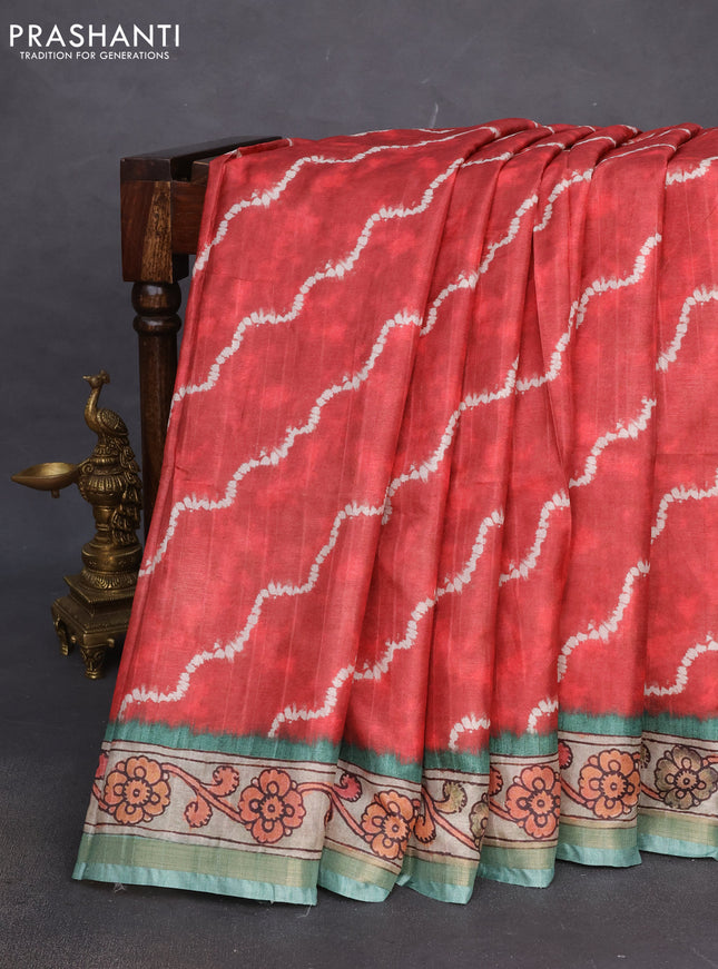 Semi tussar saree red and teal green with allover shibori prints and kalamkari pallu & zari border