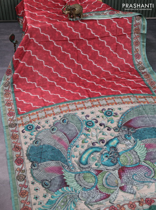 Semi tussar saree red and teal green with allover shibori prints and kalamkari pallu & zari border