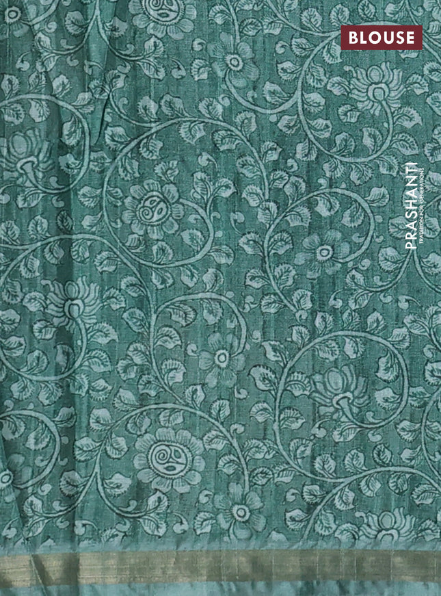 Semi tussar saree red and teal green with allover shibori prints and kalamkari pallu & zari border