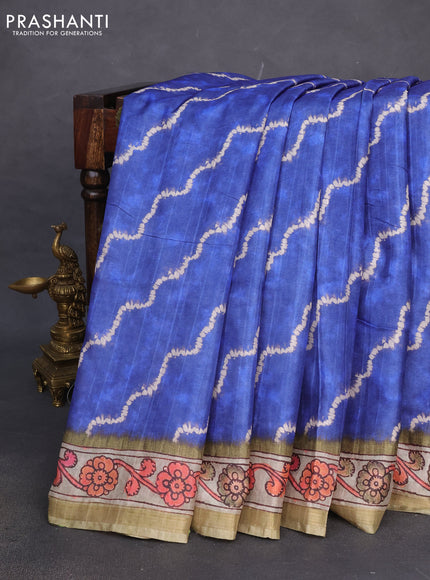 Semi tussar saree blue and pastel green with allover shibori prints and kalamkari pallu & zari border