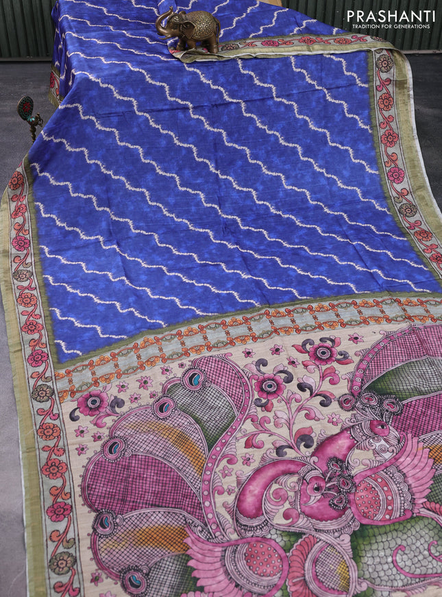Semi tussar saree blue and pastel green with allover shibori prints and kalamkari pallu & zari border