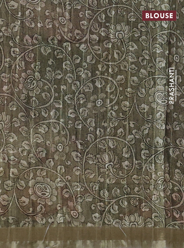 Semi tussar saree blue and pastel green with allover shibori prints and kalamkari pallu & zari border