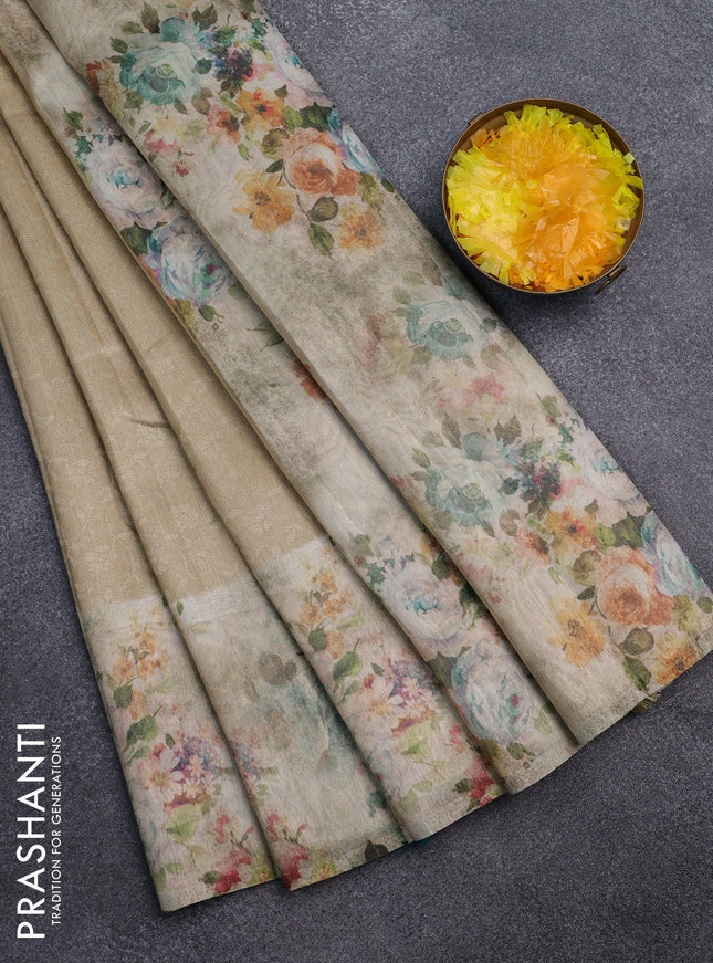 Tissue saree sandal with allover zari weaves and floral digital printed border