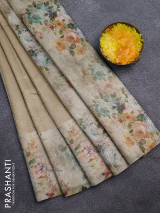 Tissue saree sandal with allover zari weaves and floral digital printed border
