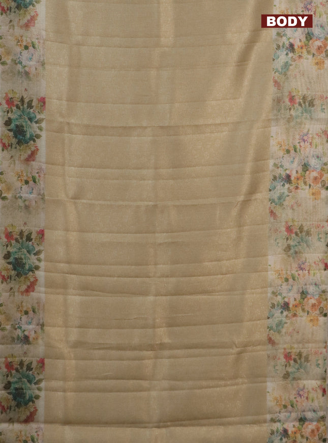 Tissue saree sandal with allover zari weaves and floral digital printed border