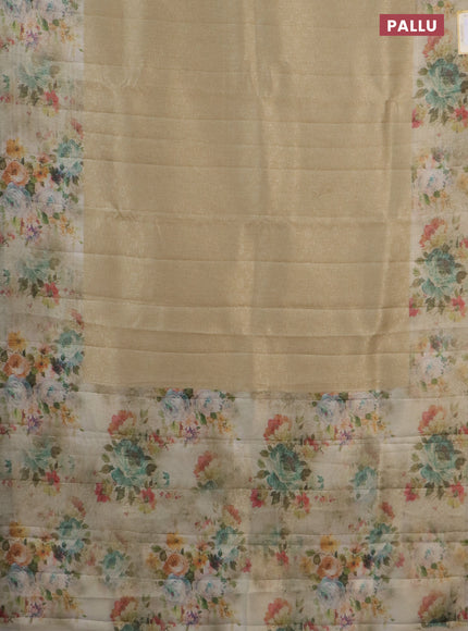 Tissue saree sandal with allover zari weaves and floral digital printed border