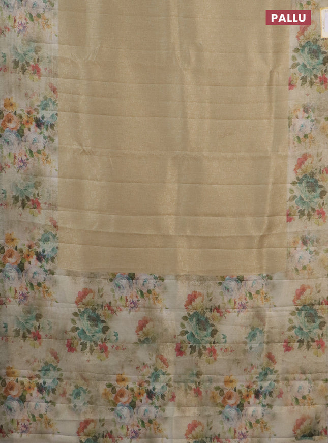 Tissue saree sandal with allover zari weaves and floral digital printed border