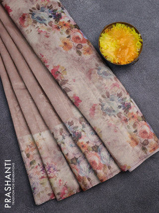 Tissue saree mild peach with allover zari weaves and floral digital printed border
