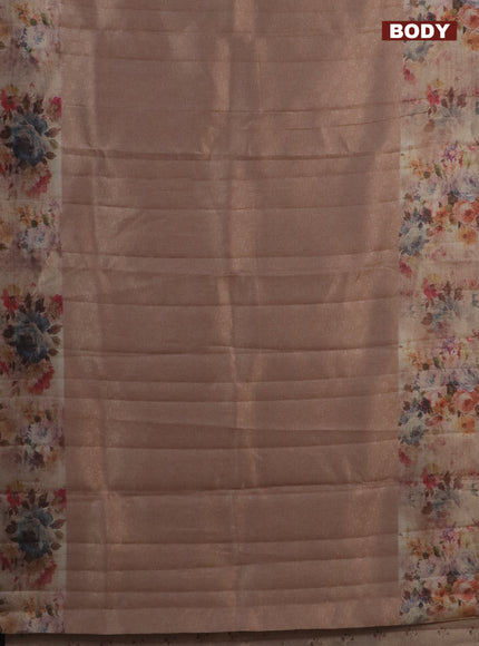Tissue saree mild peach with allover zari weaves and floral digital printed border