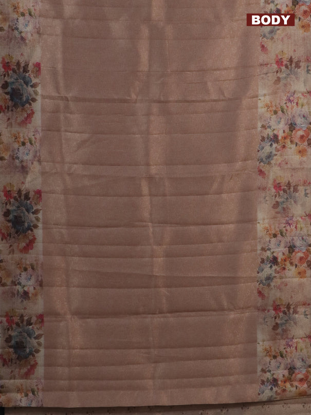 Tissue saree mild peach with allover zari weaves and floral digital printed border