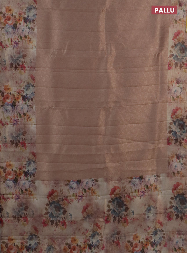 Tissue saree mild peach with allover zari weaves and floral digital printed border