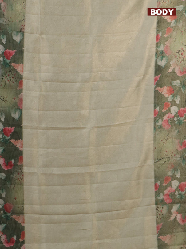 Tissue saree pastel pista green and green with allover zari weaves and floral digital printed border