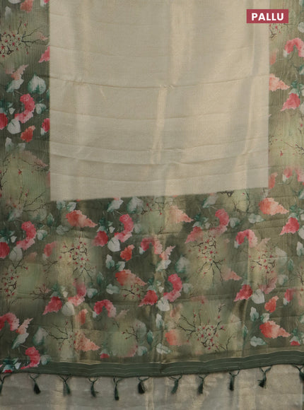Tissue saree pastel pista green and green with allover zari weaves and floral digital printed border