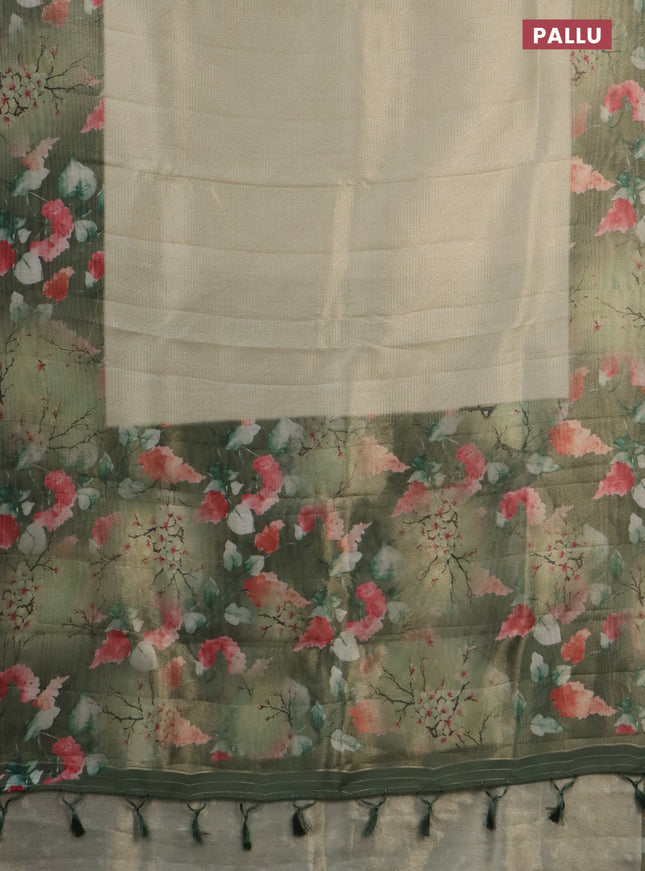 Tissue saree pastel pista green and green with allover zari weaves and floral digital printed border