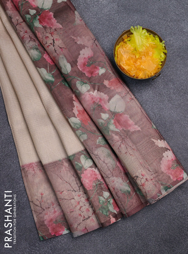 Tissue saree sandal and brown shade with allover zari weaves and floral digital printed border