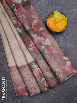 Tissue saree sandal and brown shade with allover zari weaves and floral digital printed border