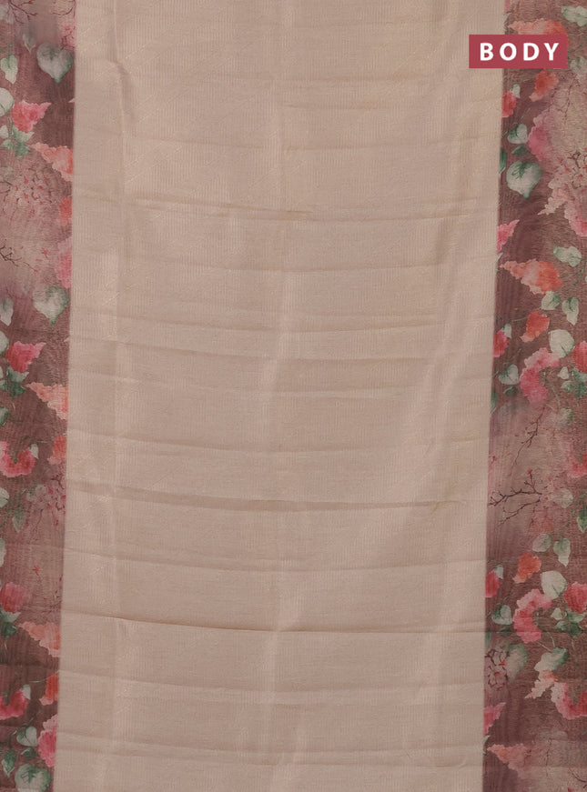 Tissue saree sandal and brown shade with allover zari weaves and floral digital printed border