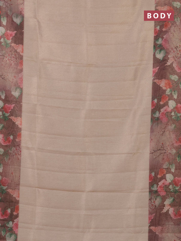 Tissue saree sandal and brown shade with allover zari weaves and floral digital printed border