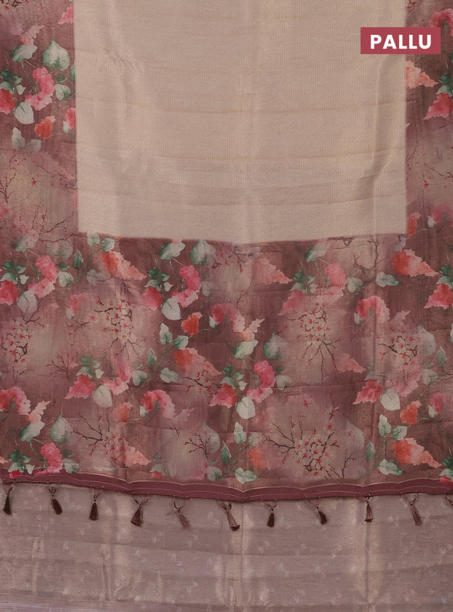 Tissue saree sandal and brown shade with allover zari weaves and floral digital printed border